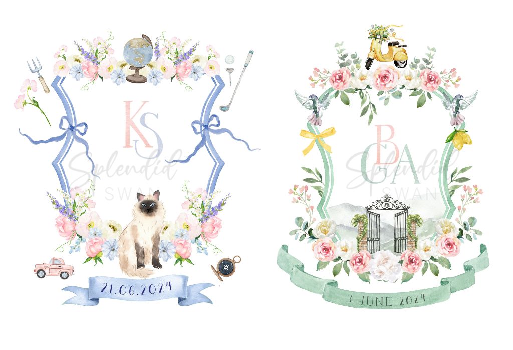 two custom wedding crests with watercolour illustrations side by side