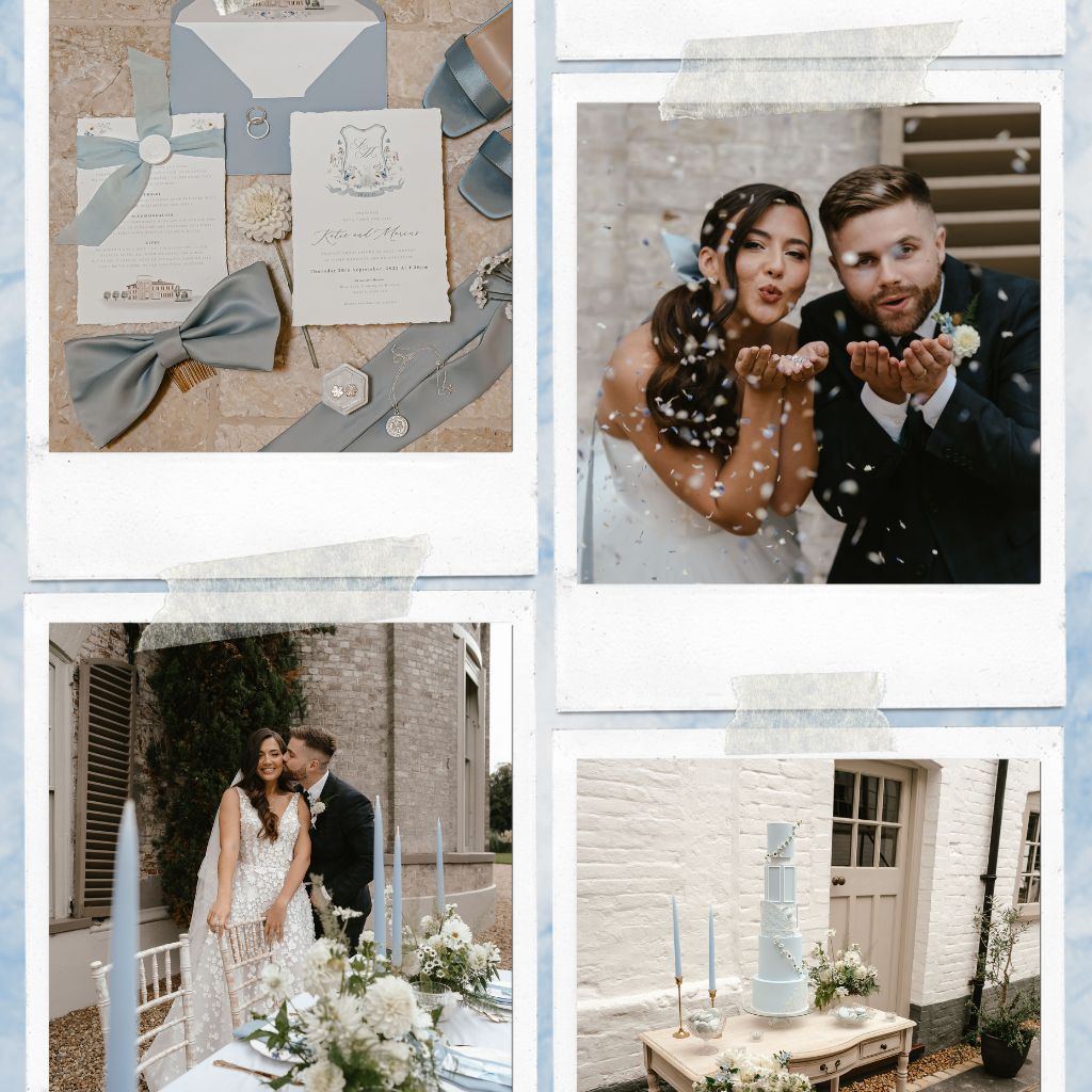 A collage of a photoshoot of a dusty blue themed wedding