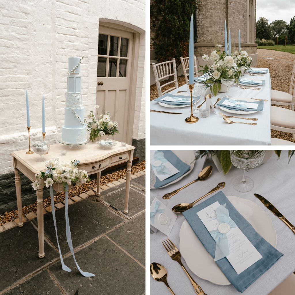 A collage of images showing a dusty blue themed wedding cake and table decor