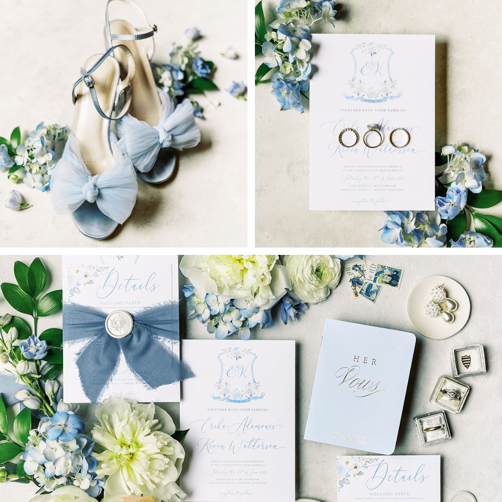 A collage of images showing the details of a dusty blue wedding invitation suite with wax seals