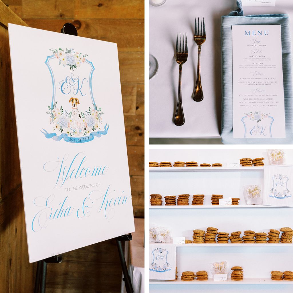 A photograph of a custom wedding crest being used as a sign, decor and for custom wedding menus