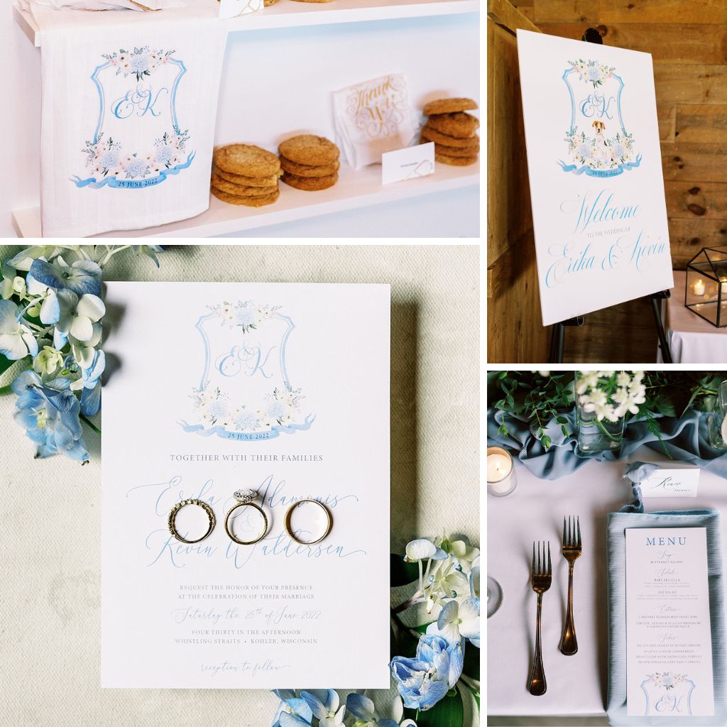 Collage of images featuring a custom wedding crest being used on a menu, welcome sign, invitation and flag