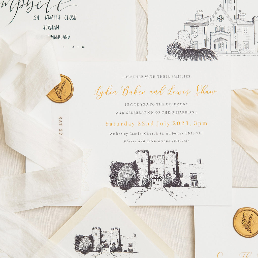 Wedding venue sketch on invitation with wax seal