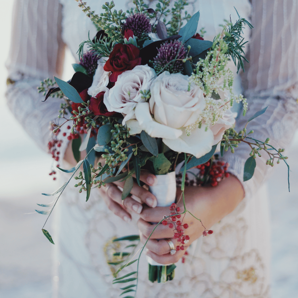 Wedding flower ideas for scottish wedding - bouquet with rustic autumn flowers and eucalyptus