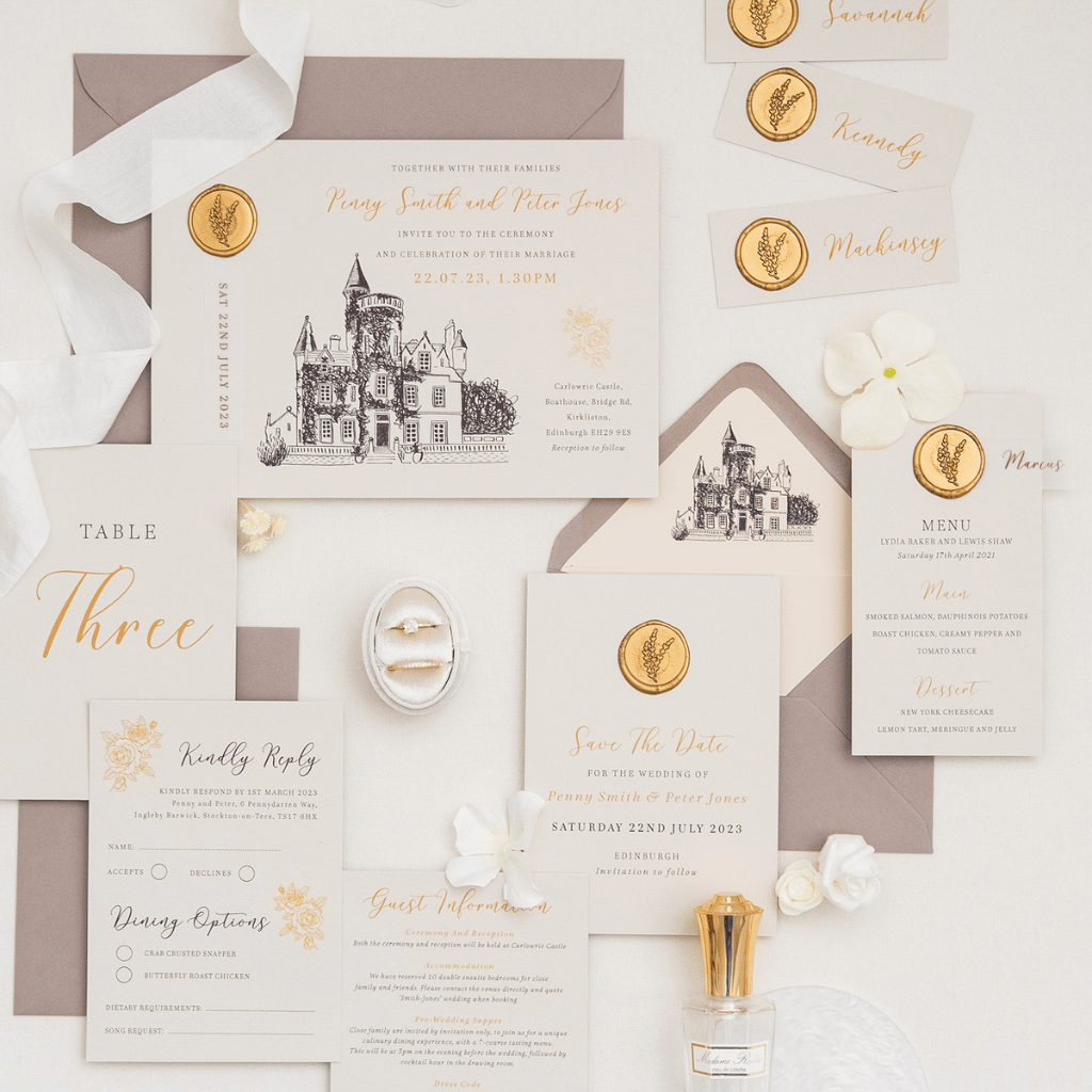 Wedding invitations with Scottish castle illustration