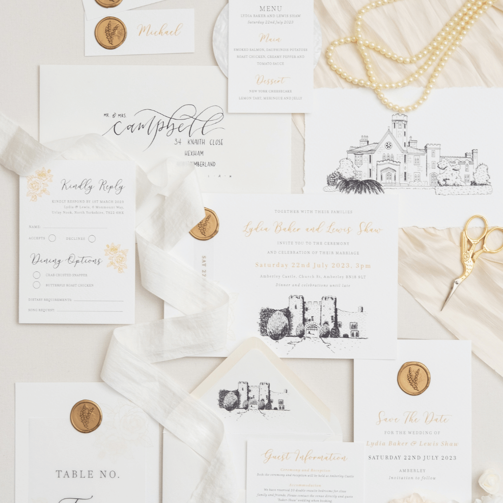 Wedding invitations with Scottish castle illustration