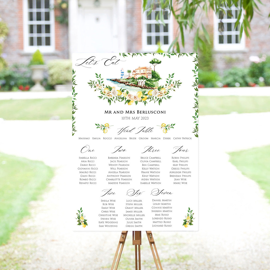 Seating chart for destination wedding, table plan with lemons