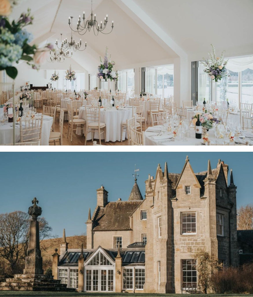 A collage of images showing the wedding venue Newhall Estate, the top image shows a table setting with a white theme and blue flowers, the bottom image shows a brick building with white windows