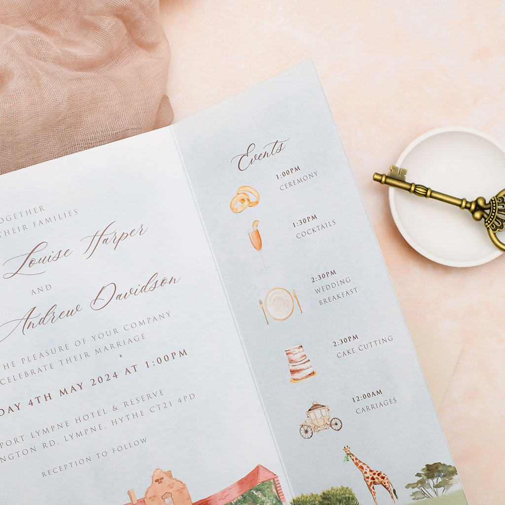 Safari wedding invitation with venue illustration