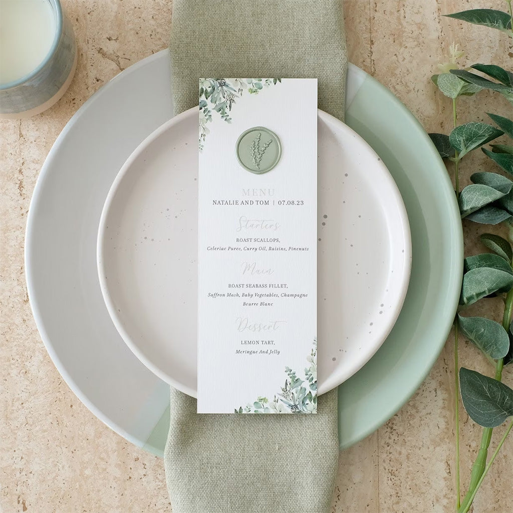 Sage green personalised wedding menu