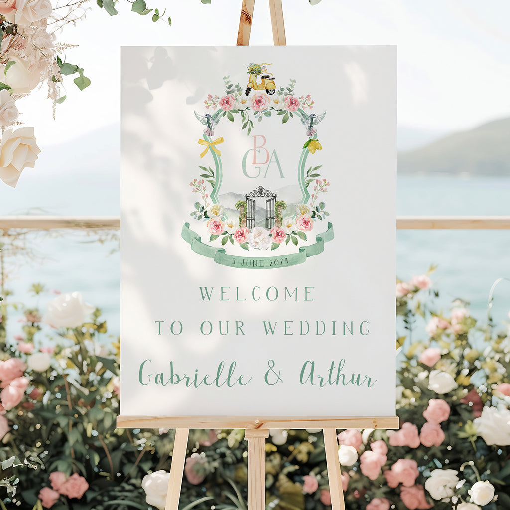 Wedding welcome sign with crest