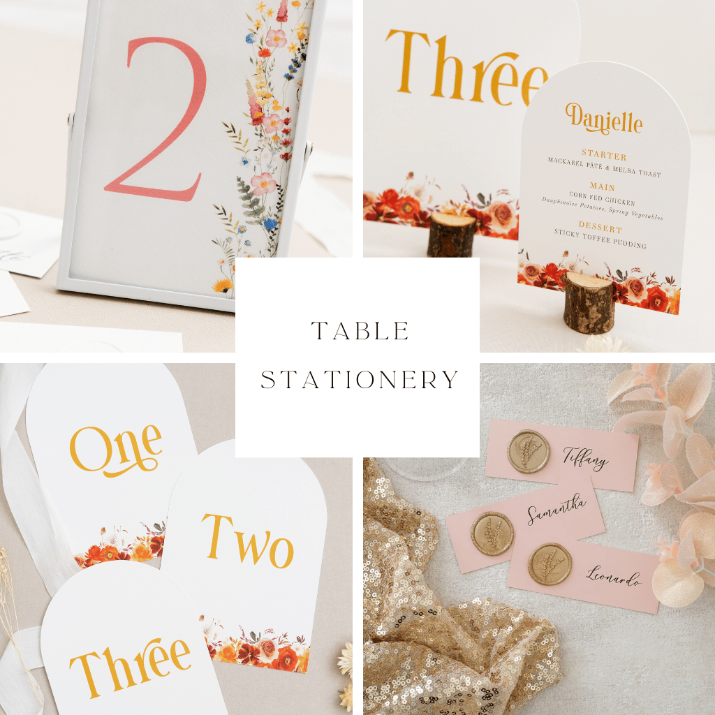 Wedding table numbers, menus and place cards