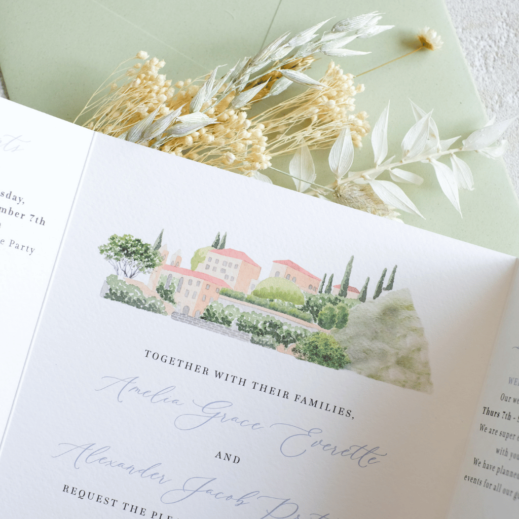 Wedding invitations with lake como balbianello villa wedding venue illustration