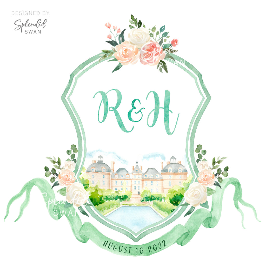 Custom wedding crest with venue illustration