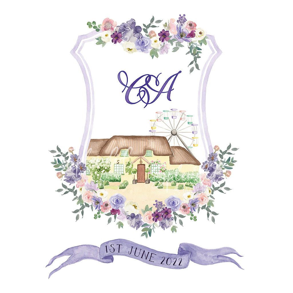 Lilac wedding crest with venue illustration