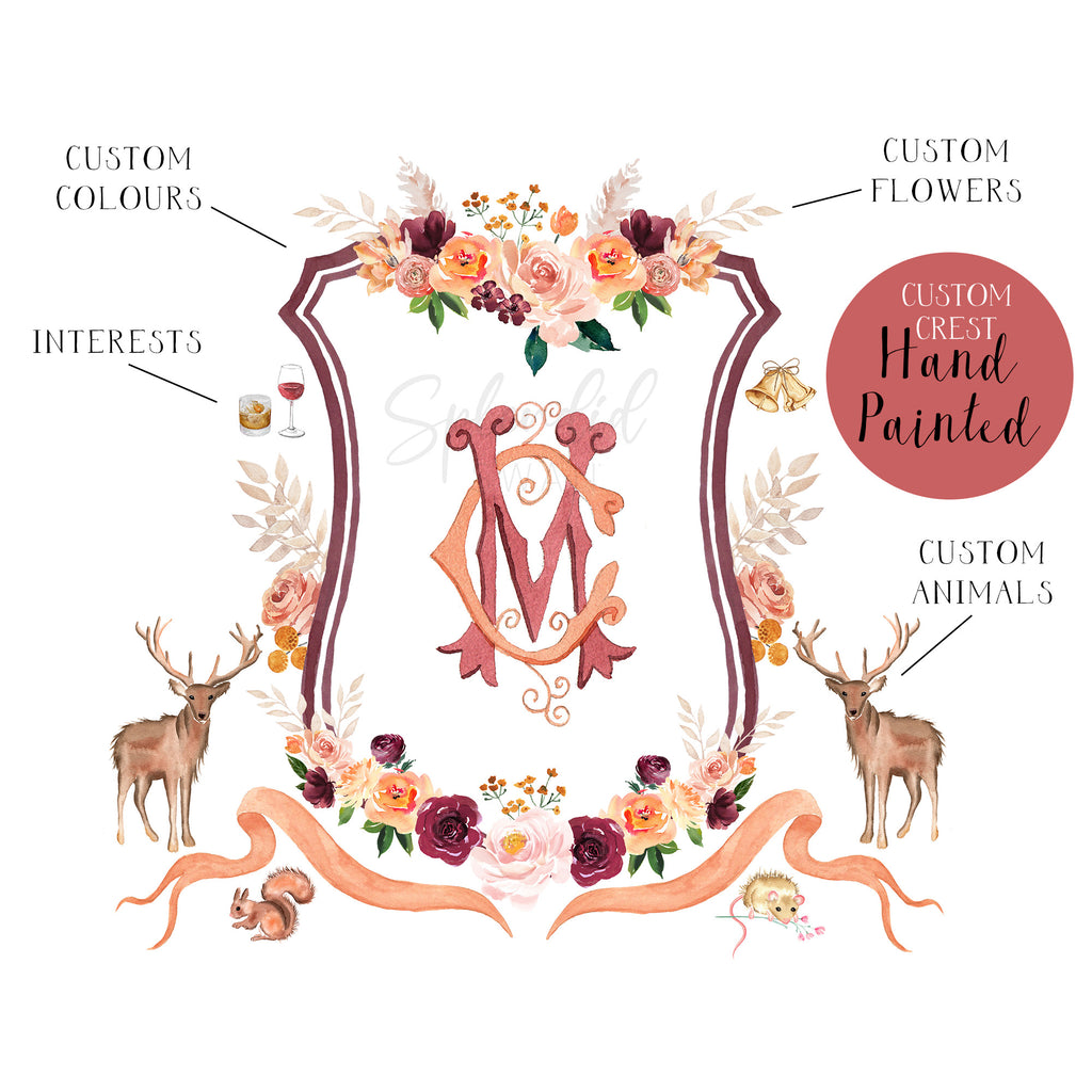 Custom wedding crest with arrows showing custom decorative elements