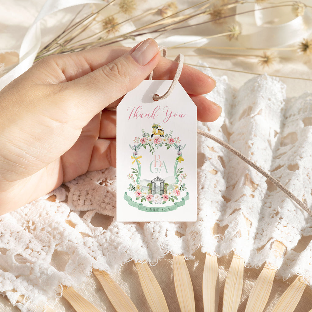 Wedding favours, gift tags featuring a custom wedding crest