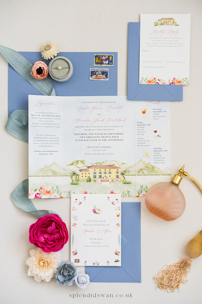 Tuscany wedding invitation, hand painted venue illustration