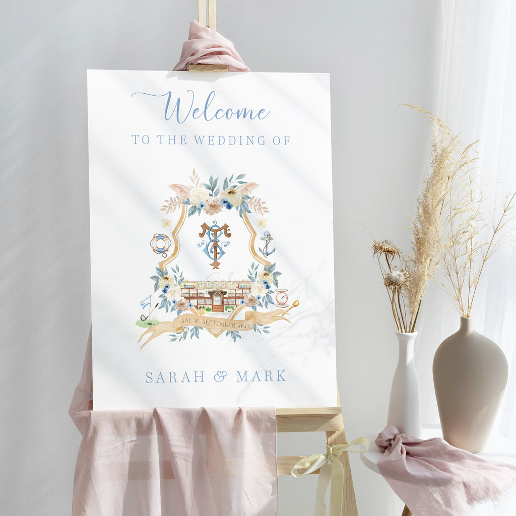 Wedding welcome sign featuring a wedding crest