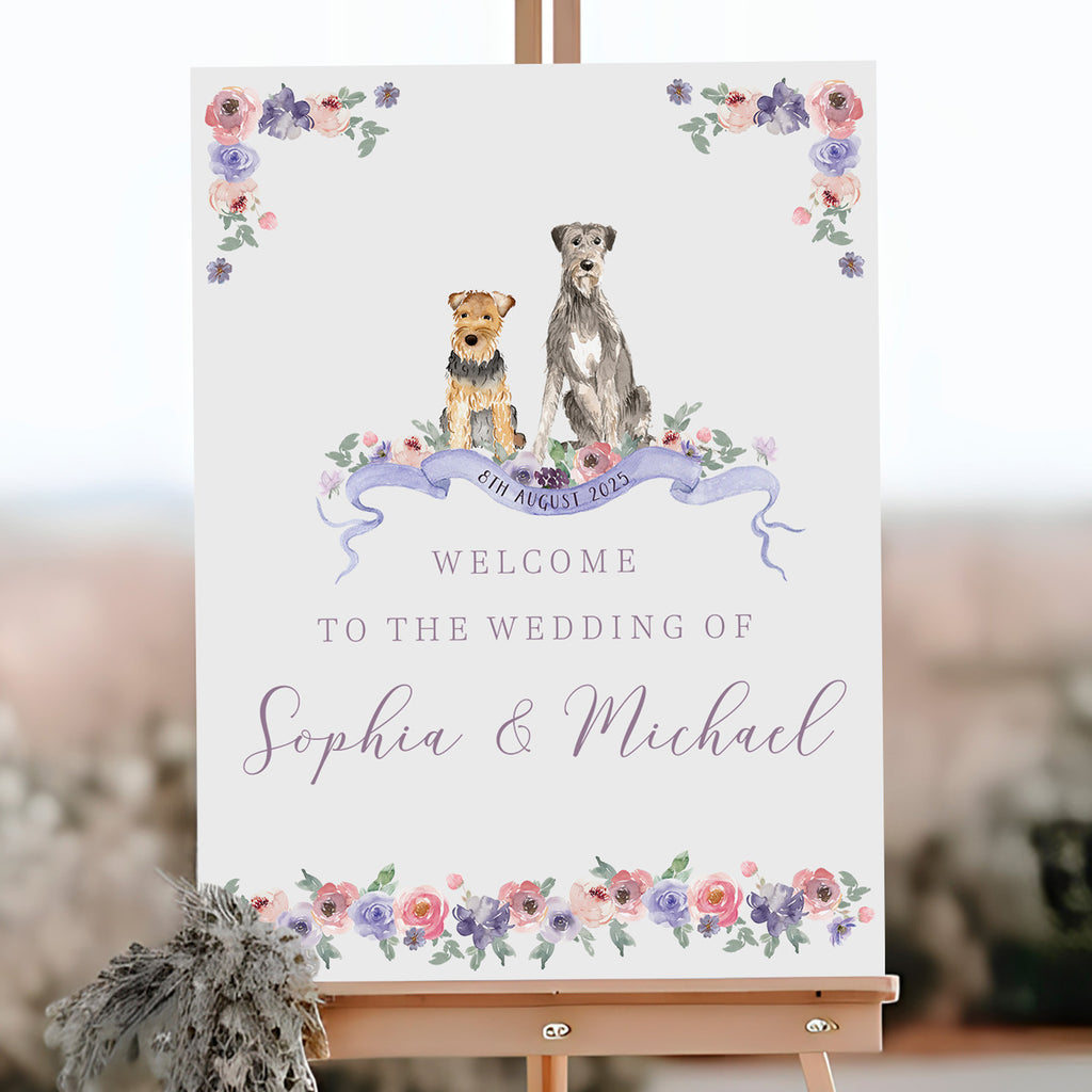 Wedding welcome sign with dogs