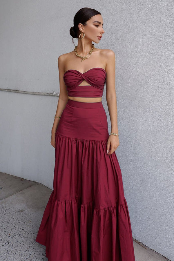 Red off shoulder crop top and rose skirt set by Alaya