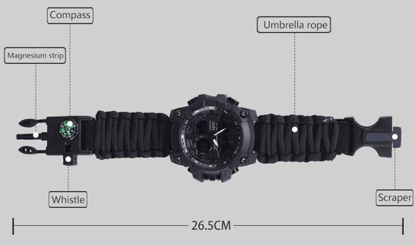 This watch is the watches' Victorinox and it is not joking around. How about these features: compass, thermometer, whistle and a built-in umbrella rope(!). This is a pure survival watch with B.A.D.A.S.S. looks, rich on features and as tough as it gets. Don't go camping without one!