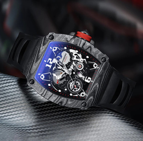 Singulier Watches - Methane - Fully automatic hollow-design carbon fiber watch, operated by a reliable Japanese MIYOTA 6T15 movement. This gorgeous timepiece is equipped with a comfortable soft rubber watch band, strong luminous glow and features 5bar water resistance.