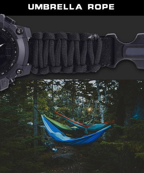 This watch is the watches' Victorinox and it is not joking around. How about these features: compass, thermometer, whistle and a built-in umbrella rope(!). This is a pure survival watch with B.A.D.A.S.S. looks, rich on features and as tough as it gets. Don't go camping without one!