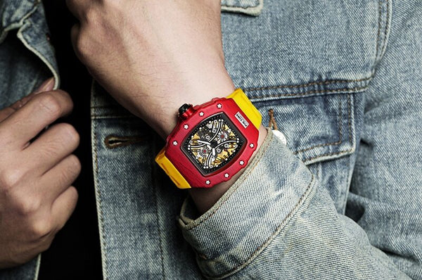 Singulier Watches - Millennial - Design watch with case made out of modern light-weight materials. Reliable Quartz chronograph in a bold Richard Mille-inspired case. Comfortable silicone rubber watch band. Hip, millennial and avant-garde. This watch will be noticed wherever you'll take it.
