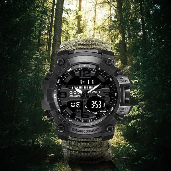 This watch is the watches' Victorinox and it is not joking around. How about these features: compass, thermometer, whistle and a built-in umbrella rope(!). This is a pure survival watch with B.A.D.A.S.S. looks, rich on features and as tough as it gets. Don't go camping without one!