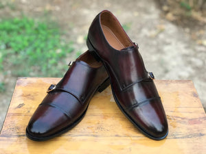 2011-Patina Blood colour Cow Leather Formal Double Monk Style - Devogue store