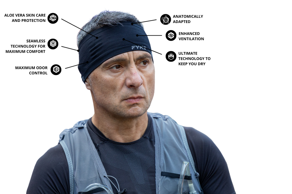 Man with black Fyke running headband with identification of its advantages and characteristics