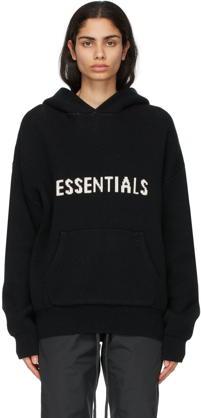 FEAR OF GOD ESSENTIALS PULLOVER KNIT HOODIE BLACK – Double Boxed