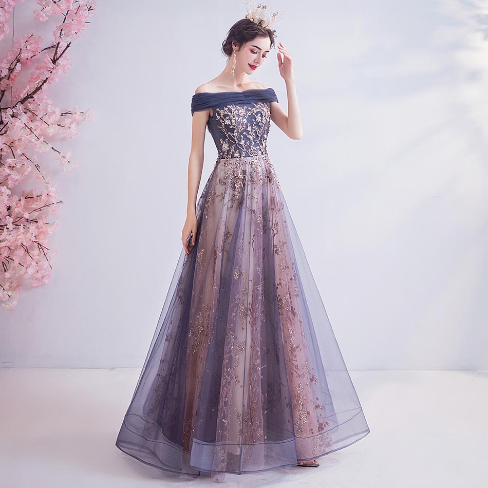 Off the Shoulder Floral Beading & Sequins A-line Evening Dress – PERIDRESS