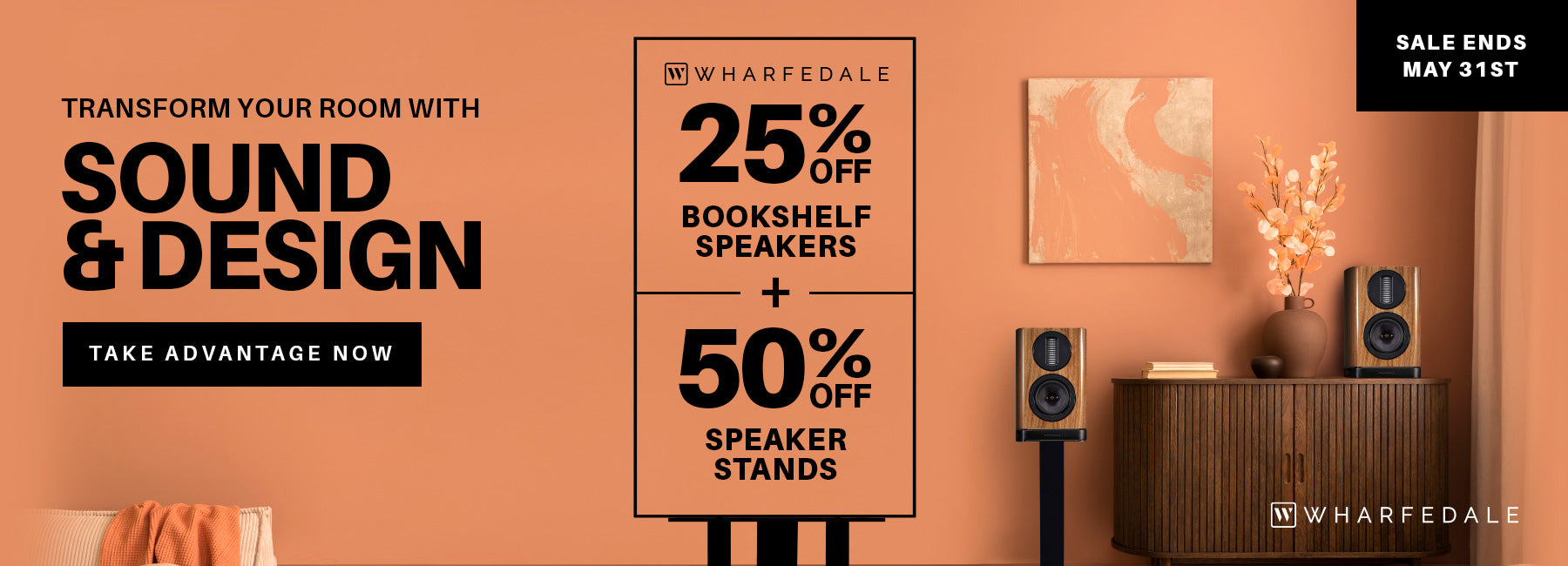 Transform your room with sound and design: 25% Off Wharfedale Bookshelf Speakers + 50% Off Speaker Stands