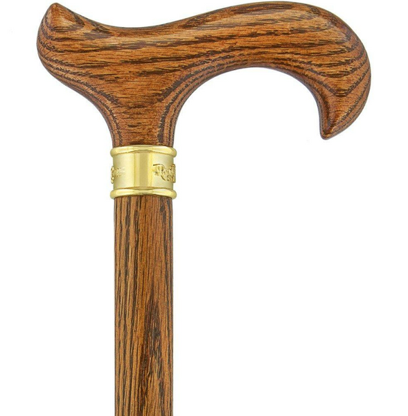 Genuine Oak Wood Derby Walking Cane With Oak Shaft And Brass Embossed Collar