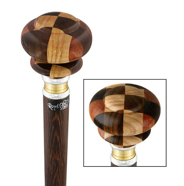 Mad Hatter Multi Wood Knob Handle Walking Stick With Wenge Wood Shaft and Two Tone Collar