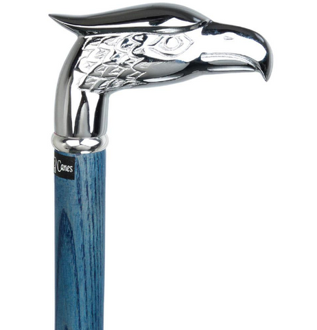 Blue Chrome Plated Eagle Head Handle Walking Cane With Denim Blue Ash Wood Shaft and Silver Collar