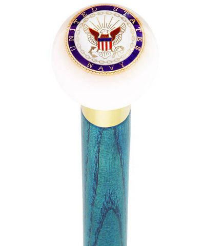 U.S. Navy White Round Knob Cane w/ Custom Color Ash Shaft & Collar