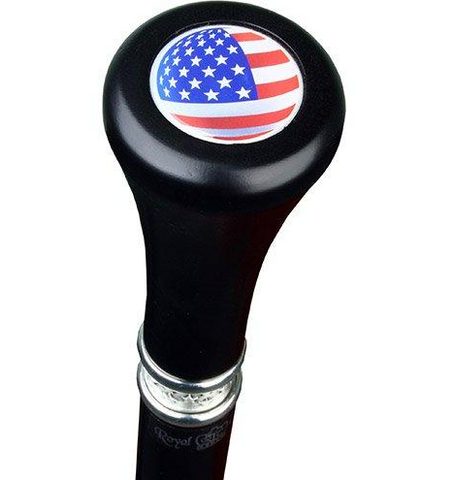 U.S.A Flag Flat Top Walking Stick With Black Beechwood Shaft and Pewter Collar