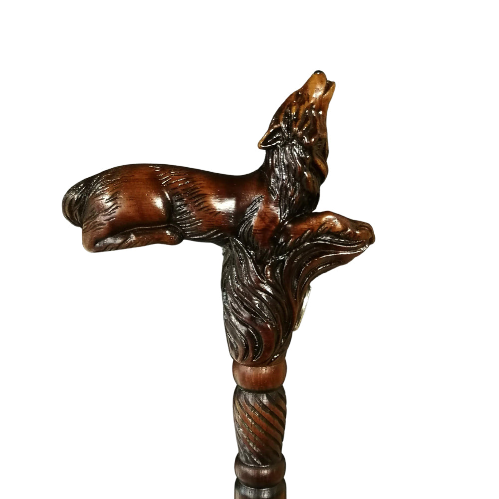 Wolf Walking Cane Stick Wooden Carved Ergonomic Handle - Canelaza