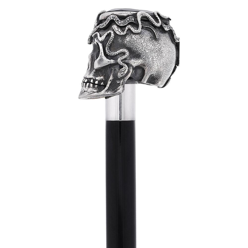 Silver 925r Skull and Snakes Black Crystal Walking Cane w/ Black Beech