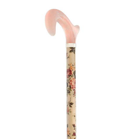 Pink Derby Walking Cane With Vintage Pink Rose Fabric Wrapped Beechwoo