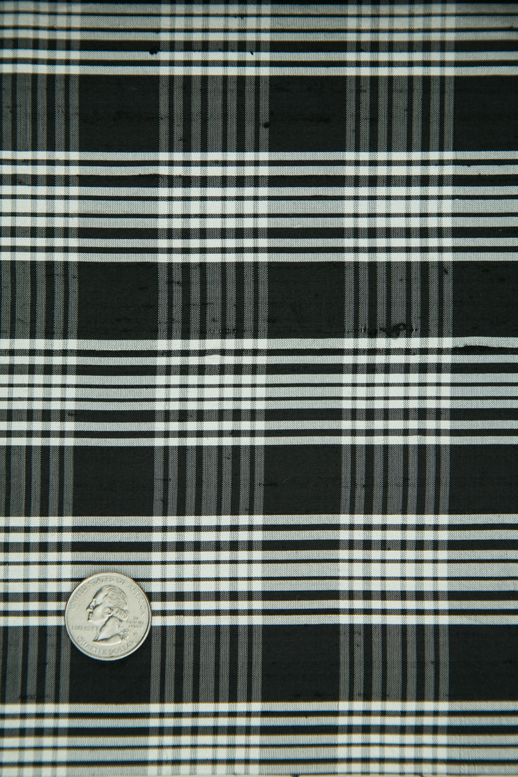 Black White Tartan Plaid Silk Shantung 201 Fabric