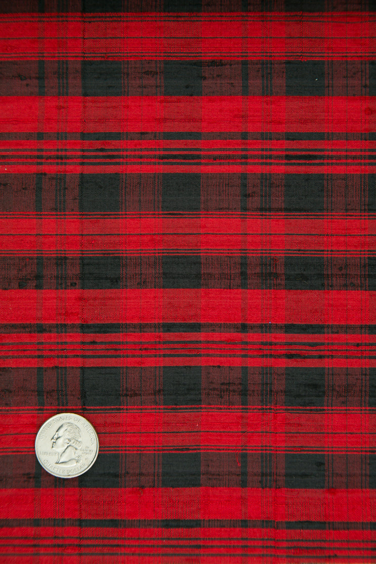 Black Red Tartan Plaid Silk Shantung 202 Fabric