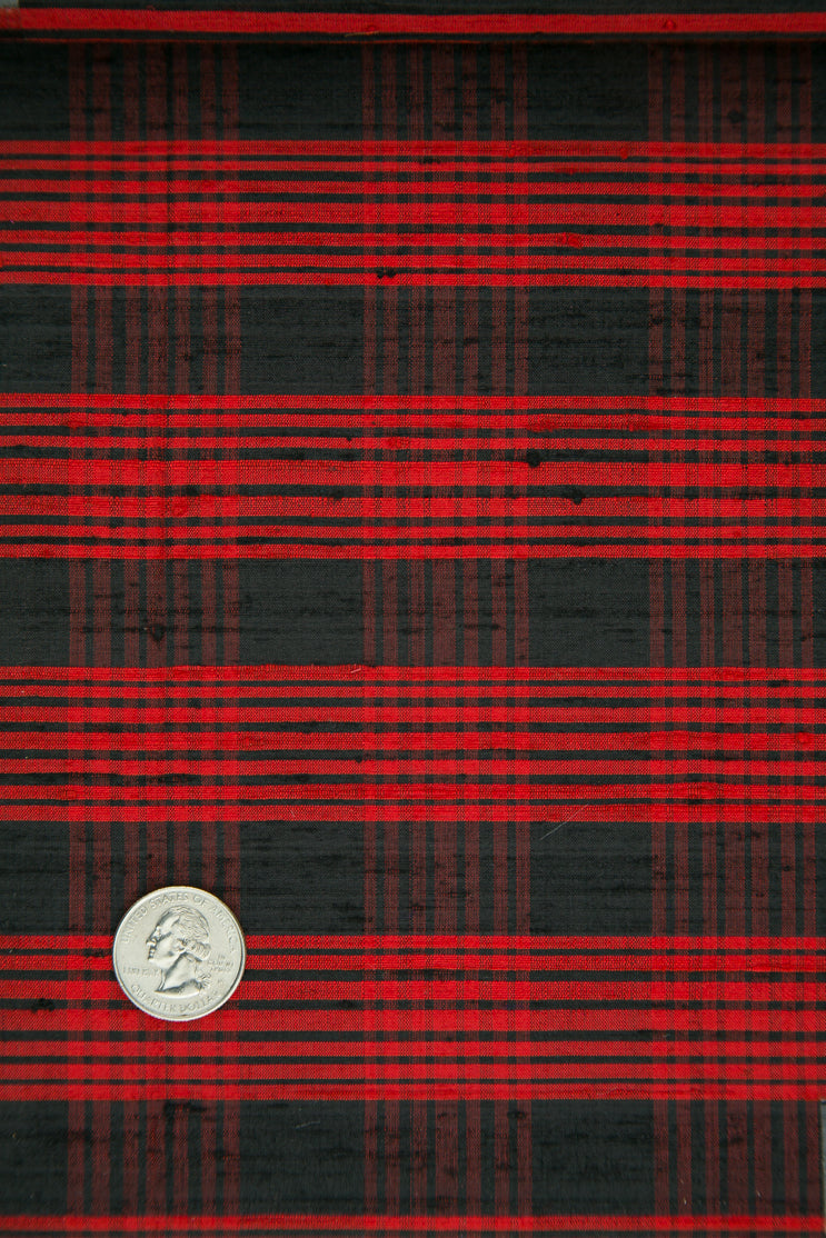 Black Red Tartan Plaid Silk Shantung 203 Fabric