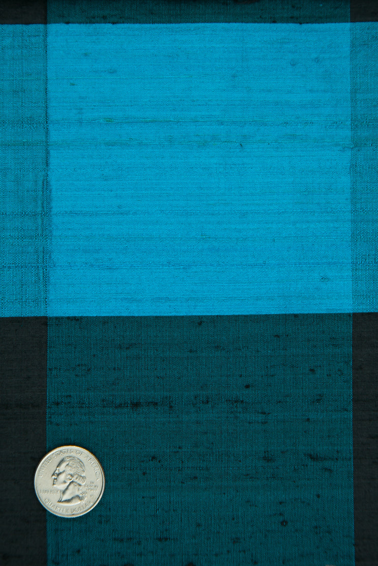 Blue Atoll Black Plaid Silk Shantung 320 Fabric