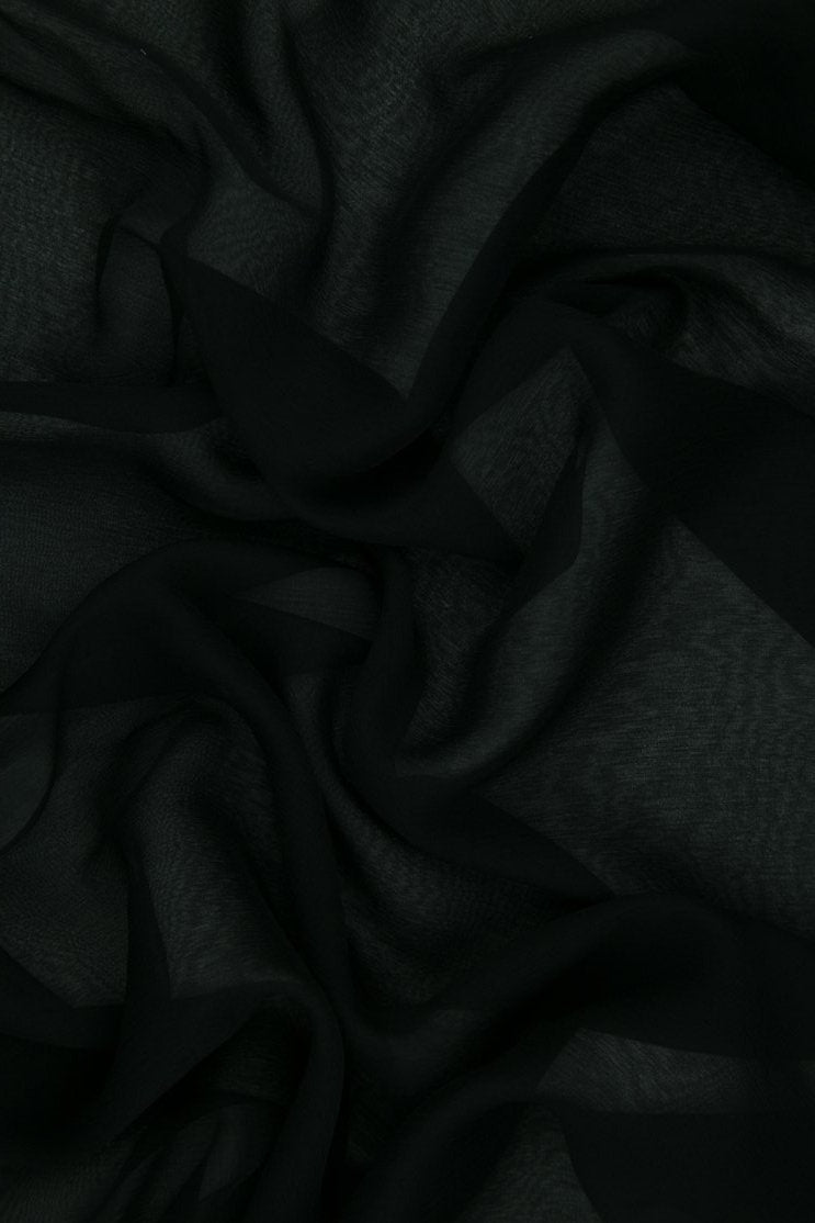 Jet Black Silk Crinkled Chiffon Fabric
