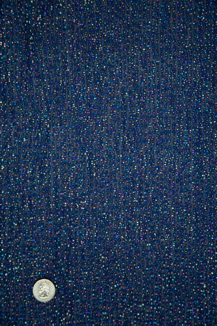Ink Blue Sequins and Beads on Silk Chiffon Fabric