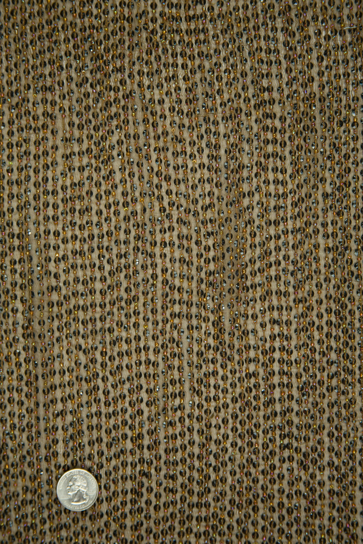Black Dark Gold Sequins and Beads on Silk Chiffon Fabric